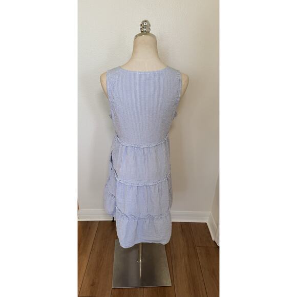 J. Crew Seersucker Ruffle Tiered Mini Dress Blue White Striped 6 Coastal Prairie - Picture 13 of 16